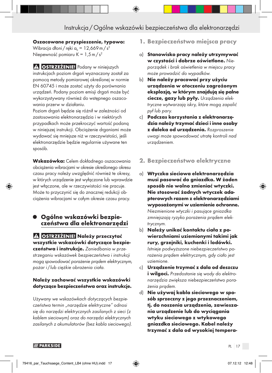 Bezpieczeństwo miejsca pracy, Bezpieczeństwo elektryczne | Parkside PTS 480 A1 User Manual | Page 17 / 65