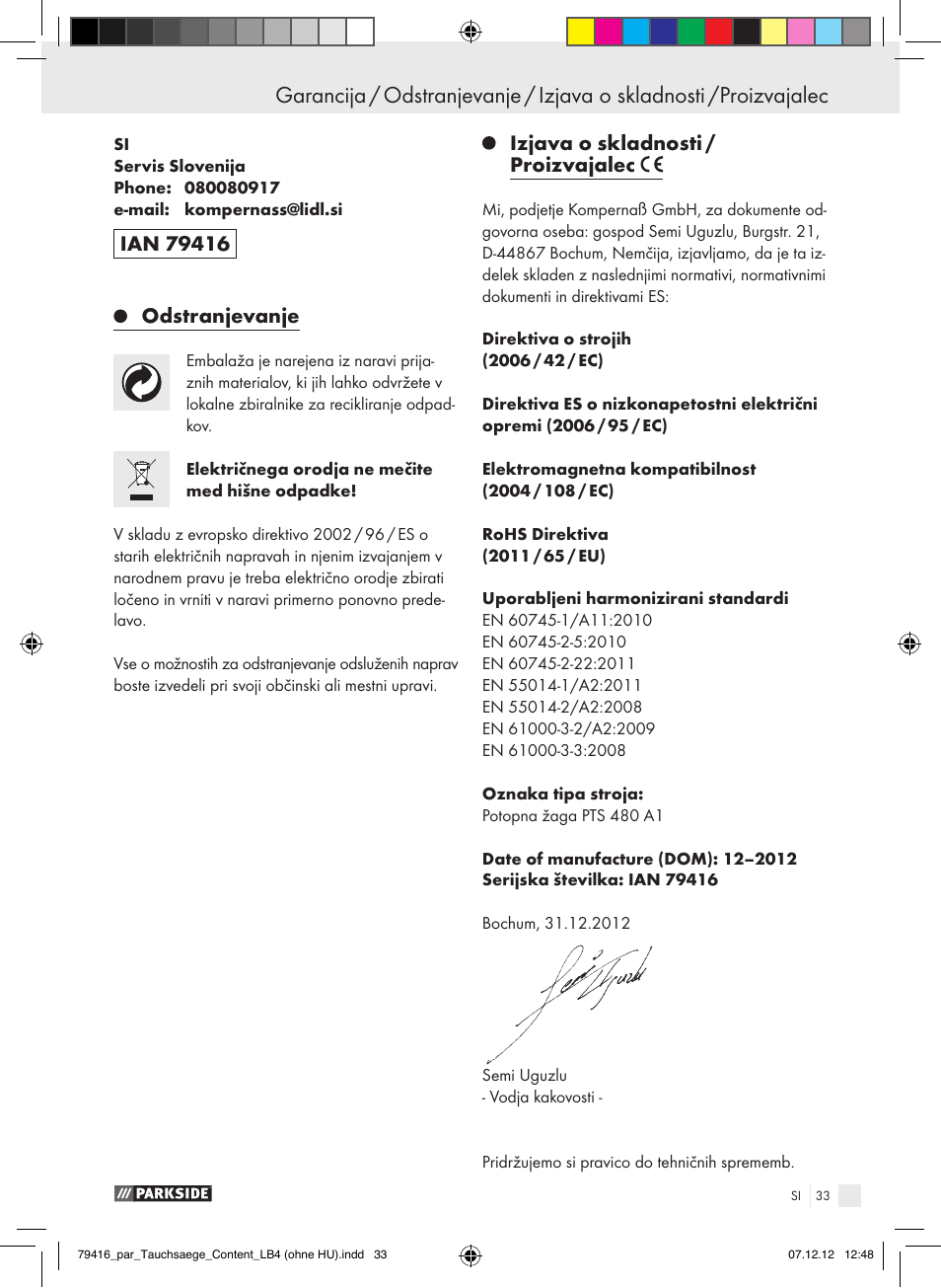 Odstranjevanje, Izjava o skladnosti / proizvajalec | Parkside PTS 480 A1 User Manual | Page 33 / 65