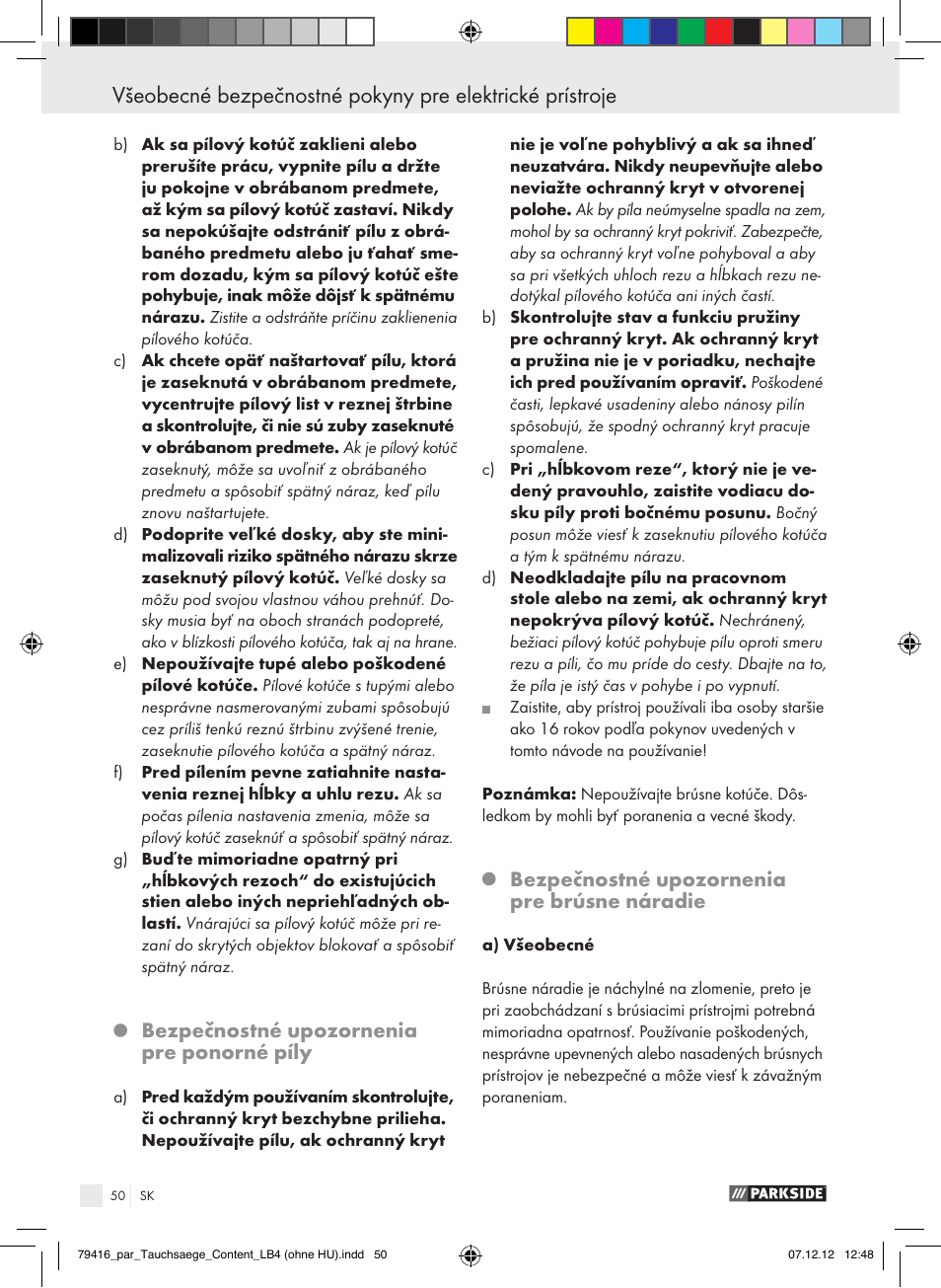 Bezpečnostné upozornenia pre ponorné píly, Bezpečnostné upozornenia pre brúsne náradie | Parkside PTS 480 A1 User Manual | Page 50 / 65