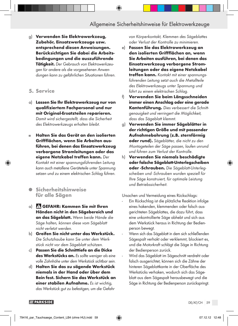Service, Sicherheitshinweise für alle sägen | Parkside PTS 480 A1 User Manual | Page 59 / 65