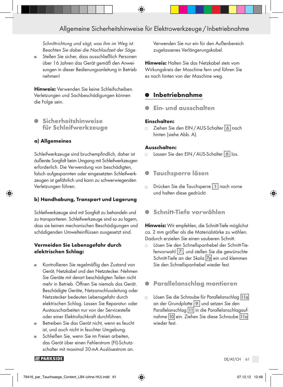 Sicherheitshinweise für schleifwerkzeuge, Inbetriebnahme, Ein- und ausschalten | Tauchsperre lösen, Schnitt-tiefe vorwählen, Parallelanschlag montieren | Parkside PTS 480 A1 User Manual | Page 61 / 65