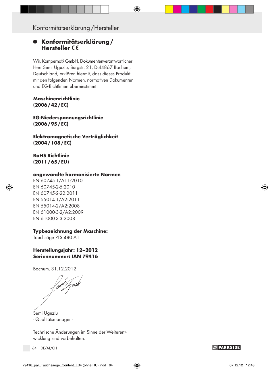 Konformitätserklärung /hersteller, Konformitätserklärung / hersteller | Parkside PTS 480 A1 User Manual | Page 64 / 65