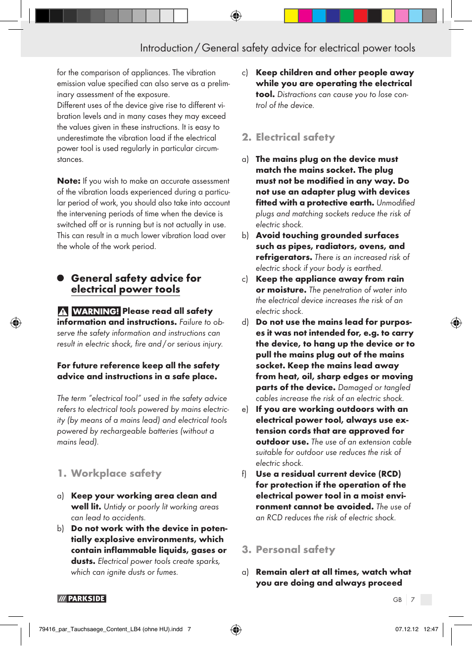 General safety advice for electrical power tools, Workplace safety, Electrical safety | Personal safety | Parkside PTS 480 A1 User Manual | Page 7 / 65