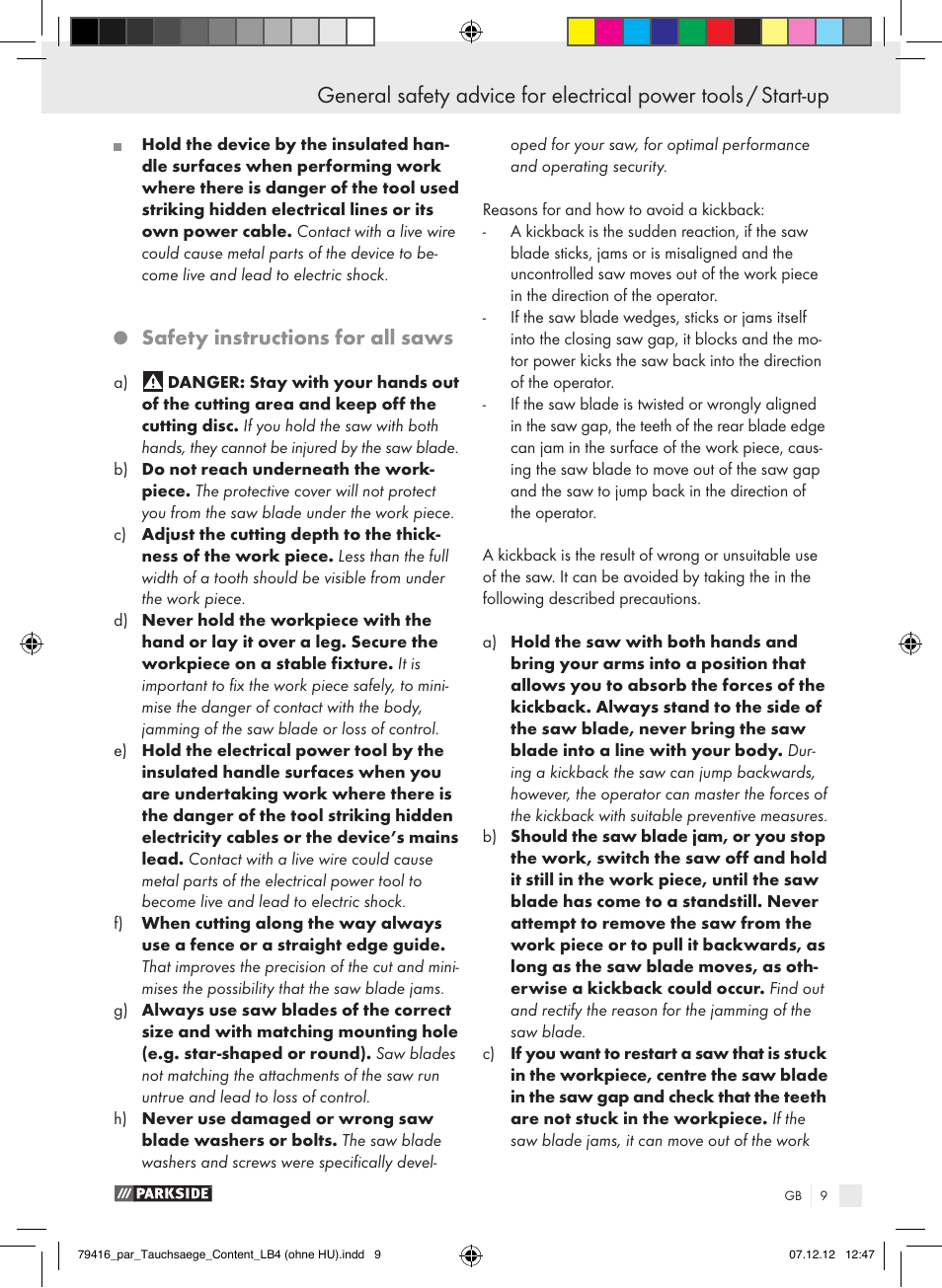 Safety instructions for all saws | Parkside PTS 480 A1 User Manual | Page 9 / 65