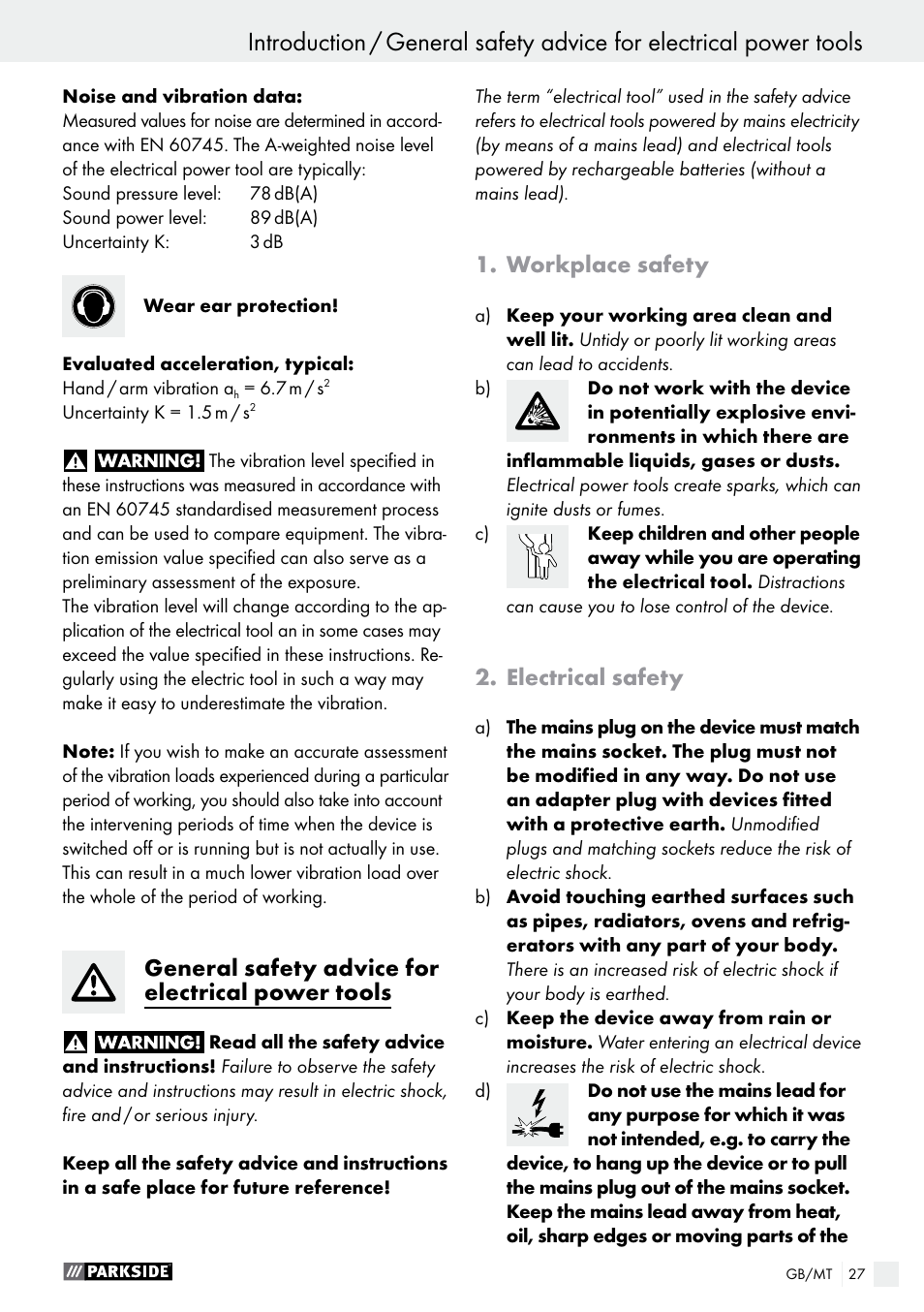 Introduction, General safety advice for electrical power tools, Workplace safety | Electrical safety | Parkside PDS 290 A1 User Manual | Page 27 / 42