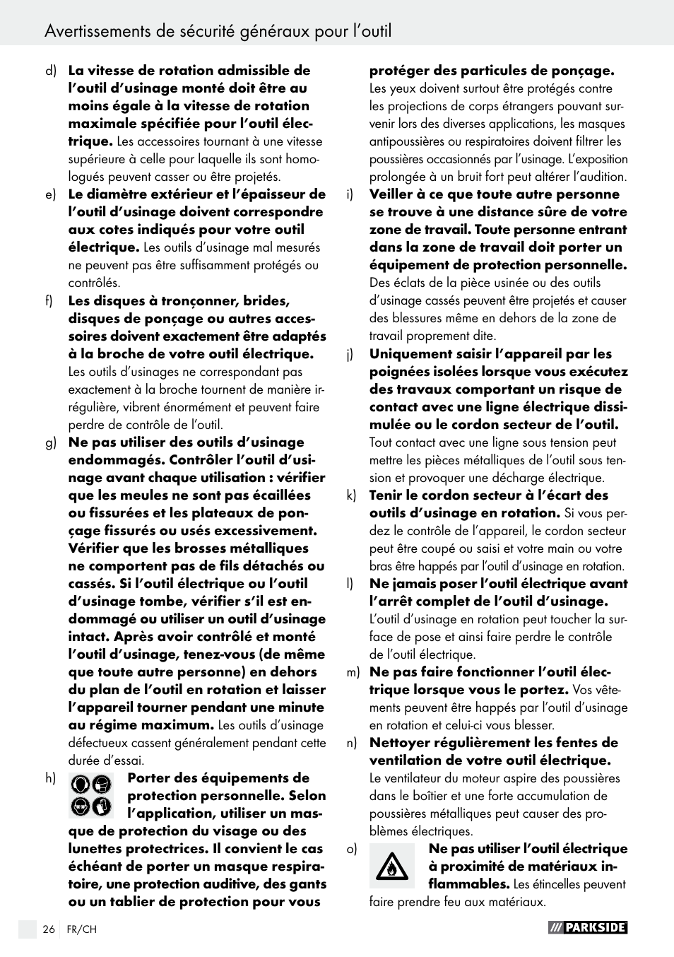 Avertissements de sécurité généraux pour l’outil | Parkside PWS 125 A1 User Manual | Page 26 / 67