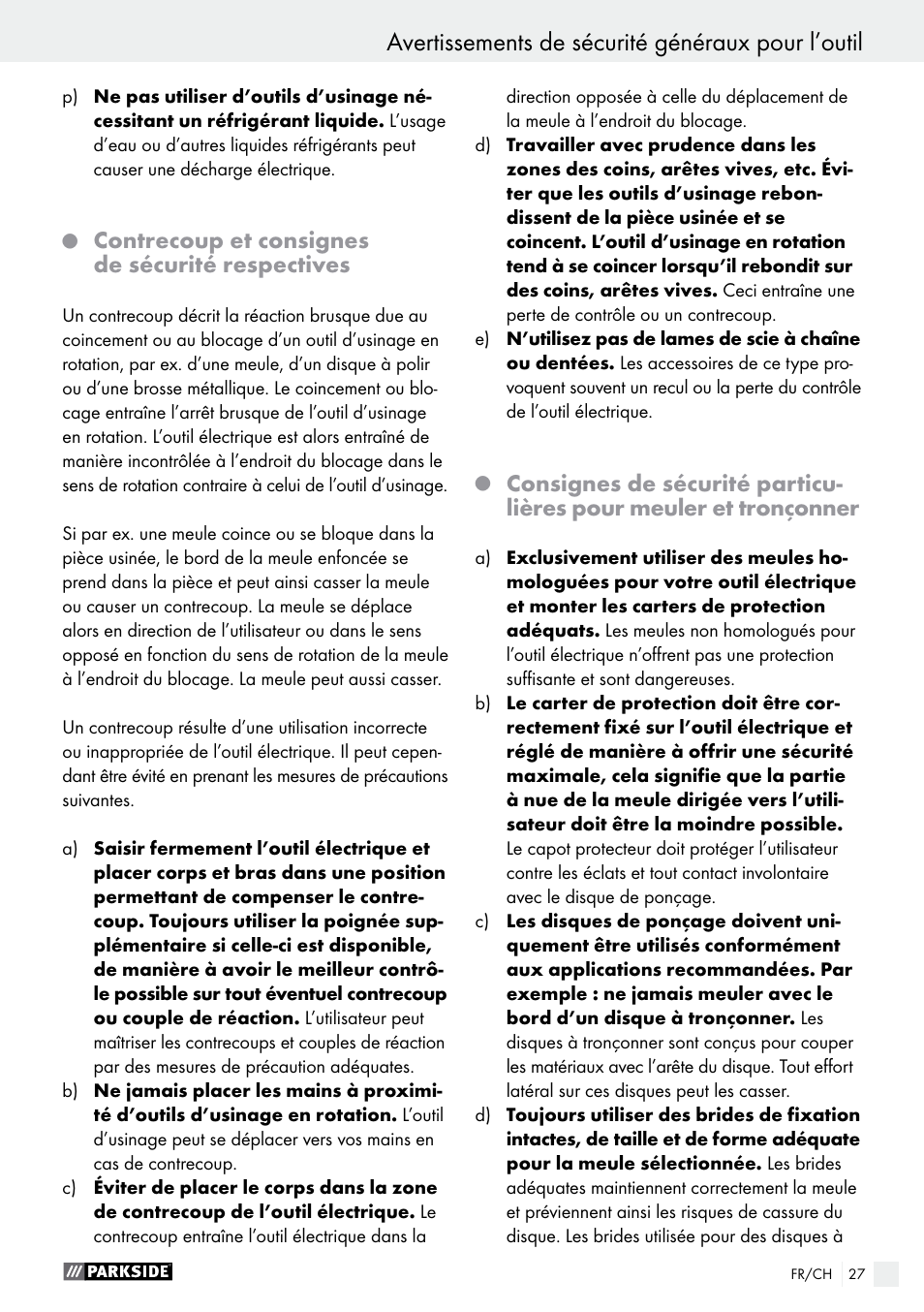 Avertissements de sécurité généraux pour l’outil, Contrecoup et consignes de sécurité respectives | Parkside PWS 125 A1 User Manual | Page 27 / 67