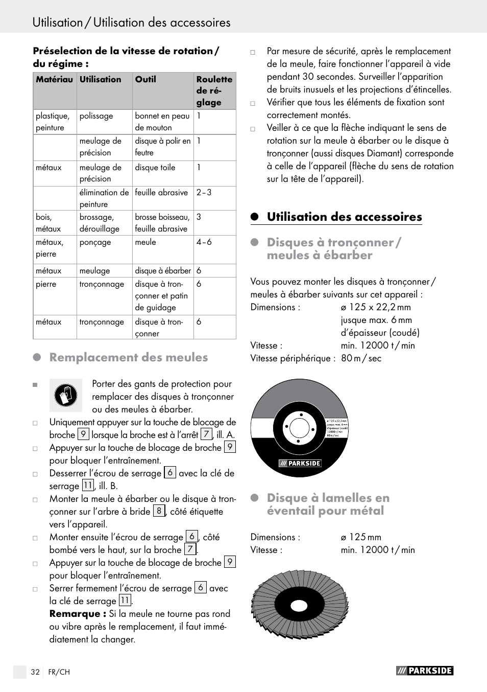 Remplacement des meules, Utilisation des accessoires, Disques à tronçonner / meules à ébarber | Disque à lamelles en éventail pour métal | Parkside PWS 125 A1 User Manual | Page 32 / 67