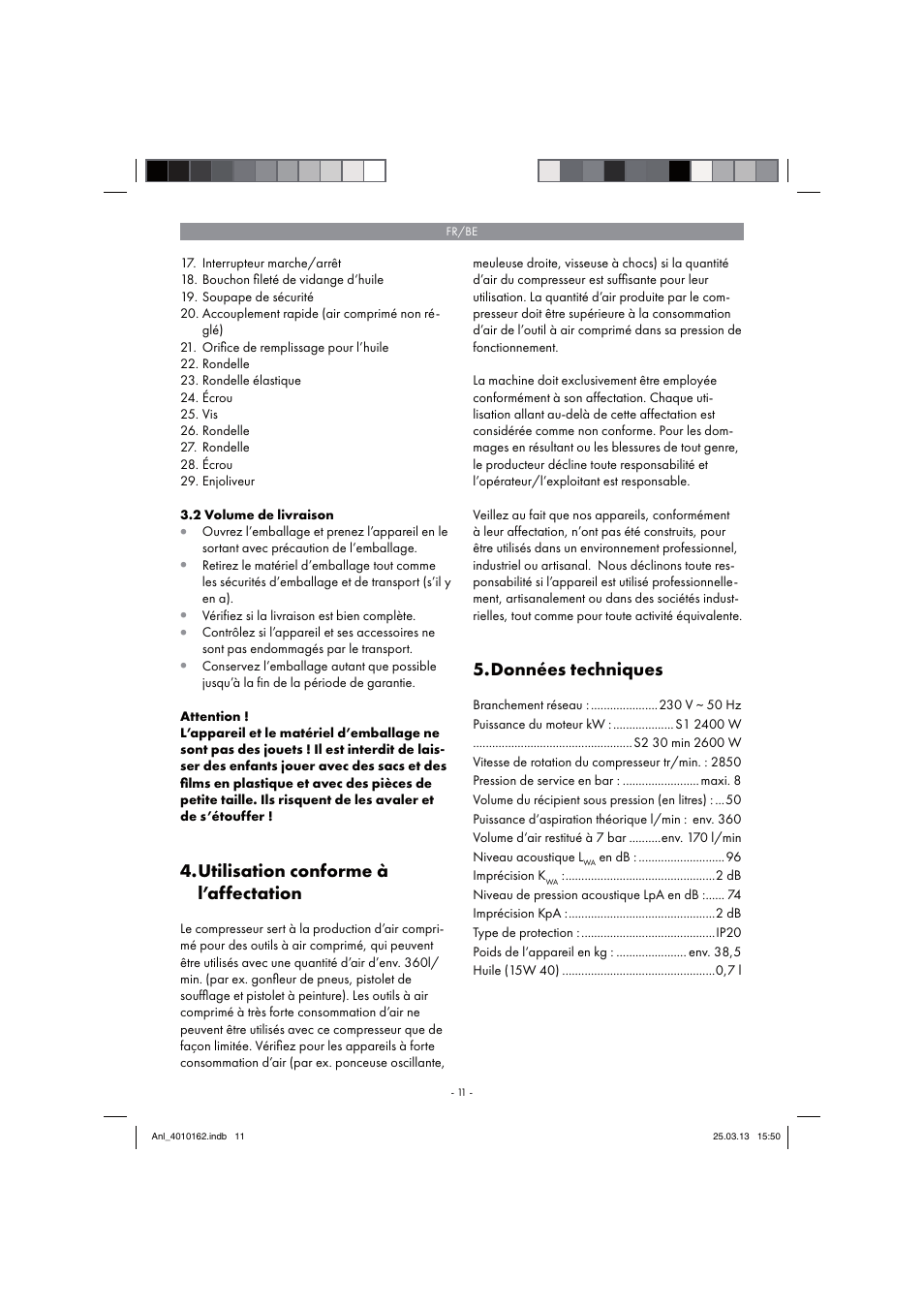 Utilisation conforme à l’affectation, Données techniques | Parkside PKO 400 B2 User Manual | Page 11 / 62