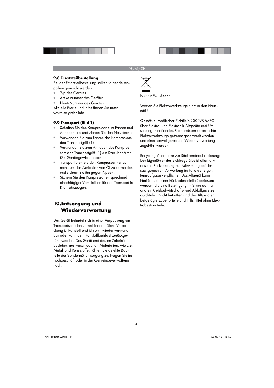 Entsorgung und wiederverwertung | Parkside PKO 400 B2 User Manual | Page 41 / 62