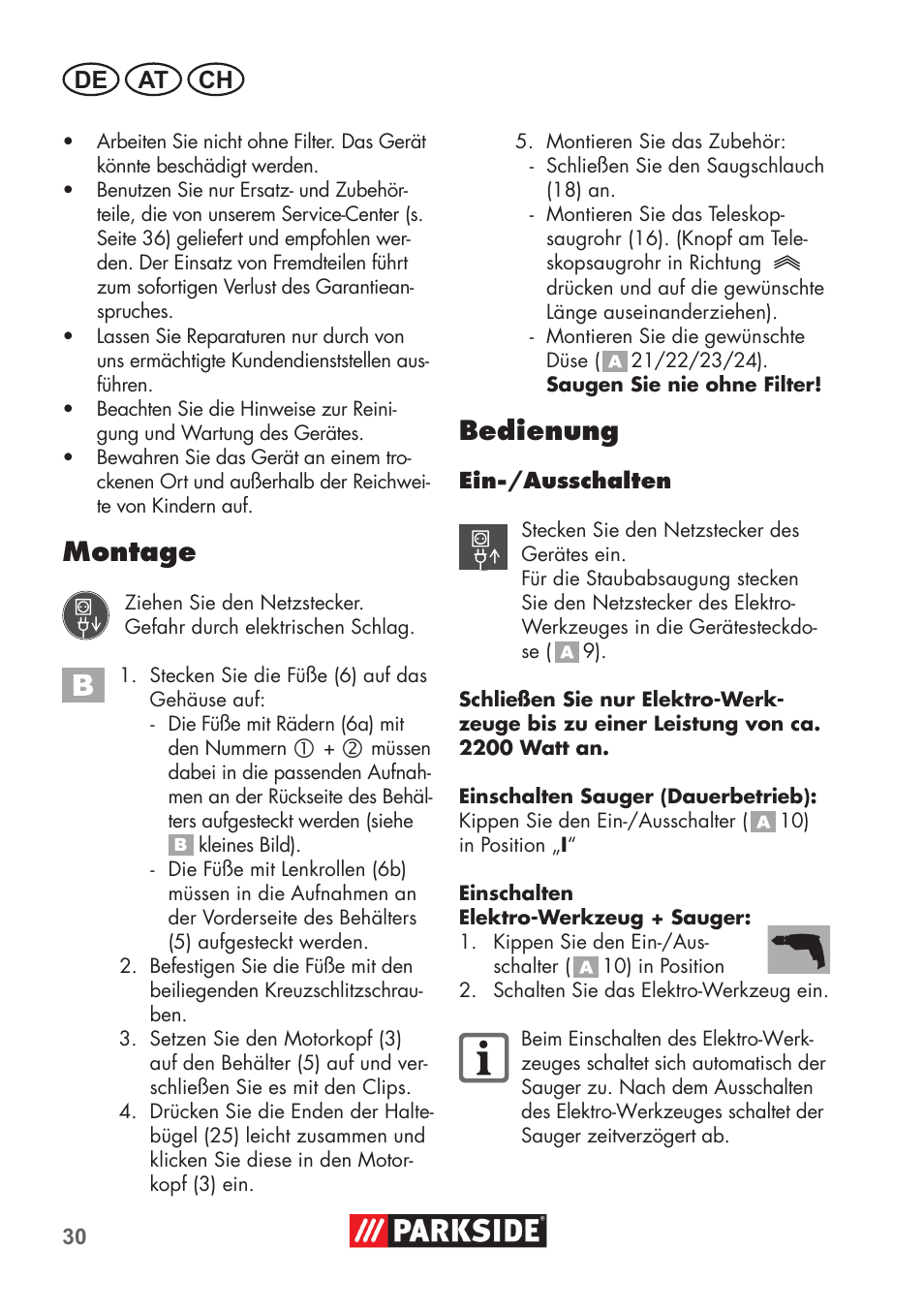 Montage, Bedienung, De at ch | Parkside PNTS 1500 B2 User Manual | Page 30 / 52