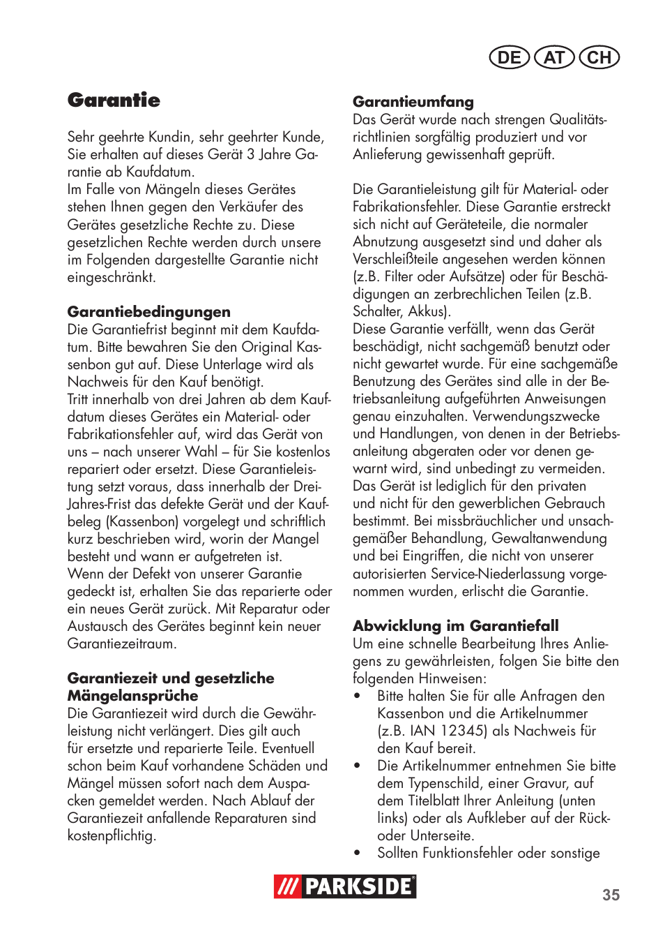 Garantie, De at ch | Parkside PNTS 1500 B2 User Manual | Page 35 / 52