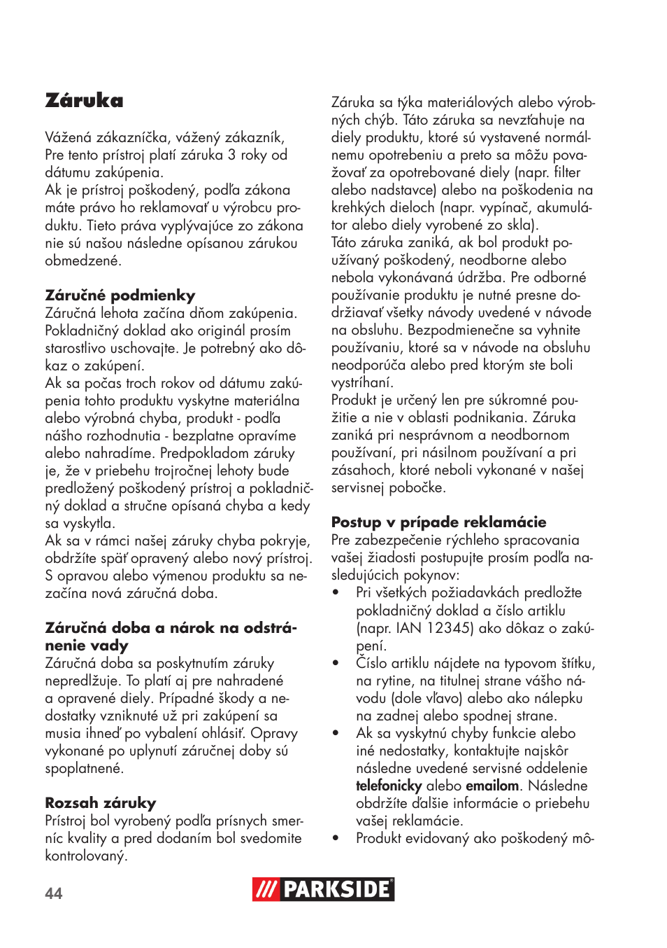Záruka | Parkside PNTS 1500 B2 User Manual | Page 44 / 64