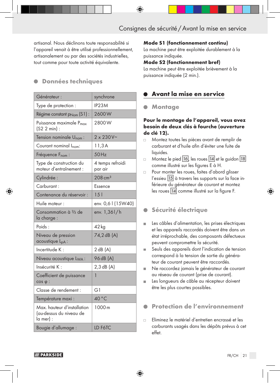 Données techniques, Avant la mise en service montage, Sécurité électrique | Protection de l’environnement | Parkside PSE 2800 B2 User Manual | Page 21 / 53