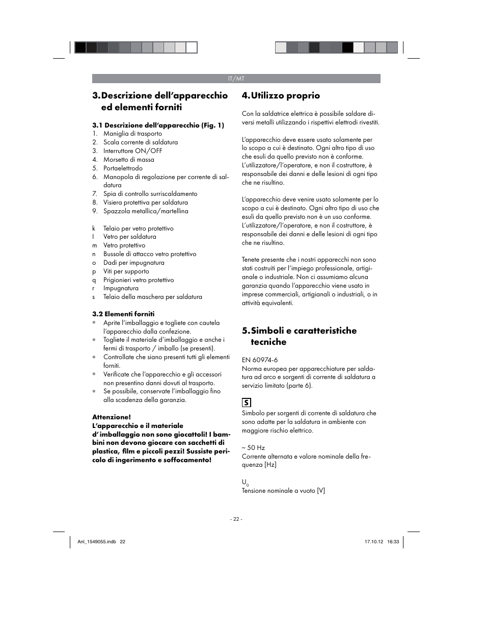 Descrizione dell’apparecchio ed elementi forniti, Utilizzo proprio, Simboli e caratteristiche tecniche | Parkside PESG 120 A1 User Manual | Page 22 / 66