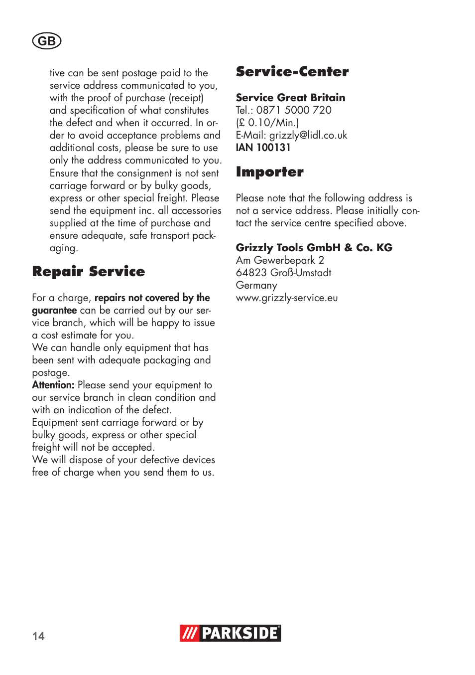 Repair service, Service-center, Importer | Parkside PNTS 1400 D1 User Manual | Page 14 / 88