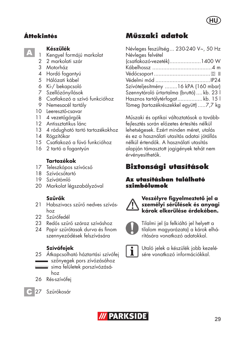 Műszaki adatok, Biztonsági utasítások | Parkside PNTS 1400 D1 User Manual | Page 29 / 88