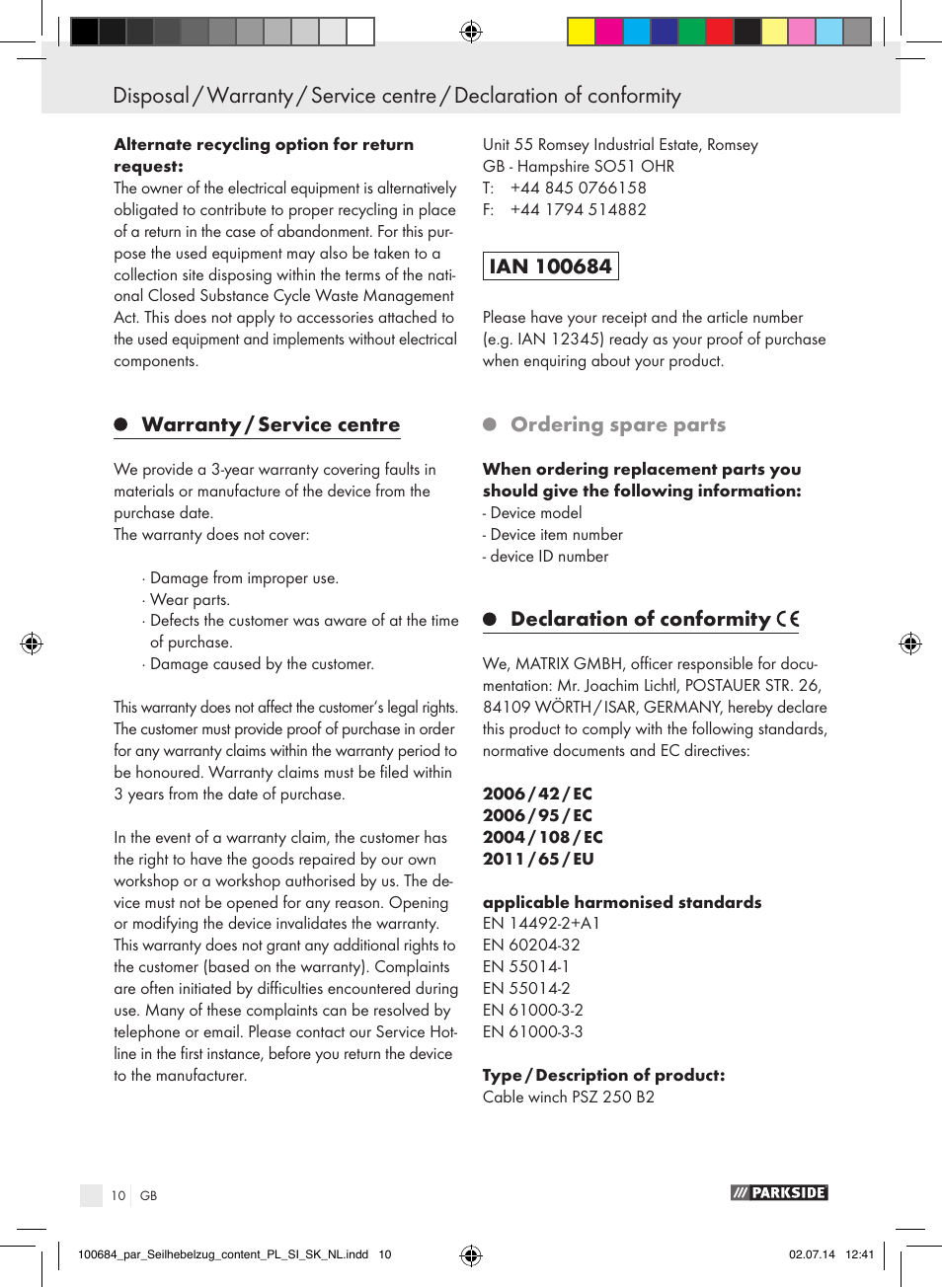 Declaration of conformity, Warranty / service centre, Ordering spare parts | Parkside PSZ 250 B2 User Manual | Page 10 / 53