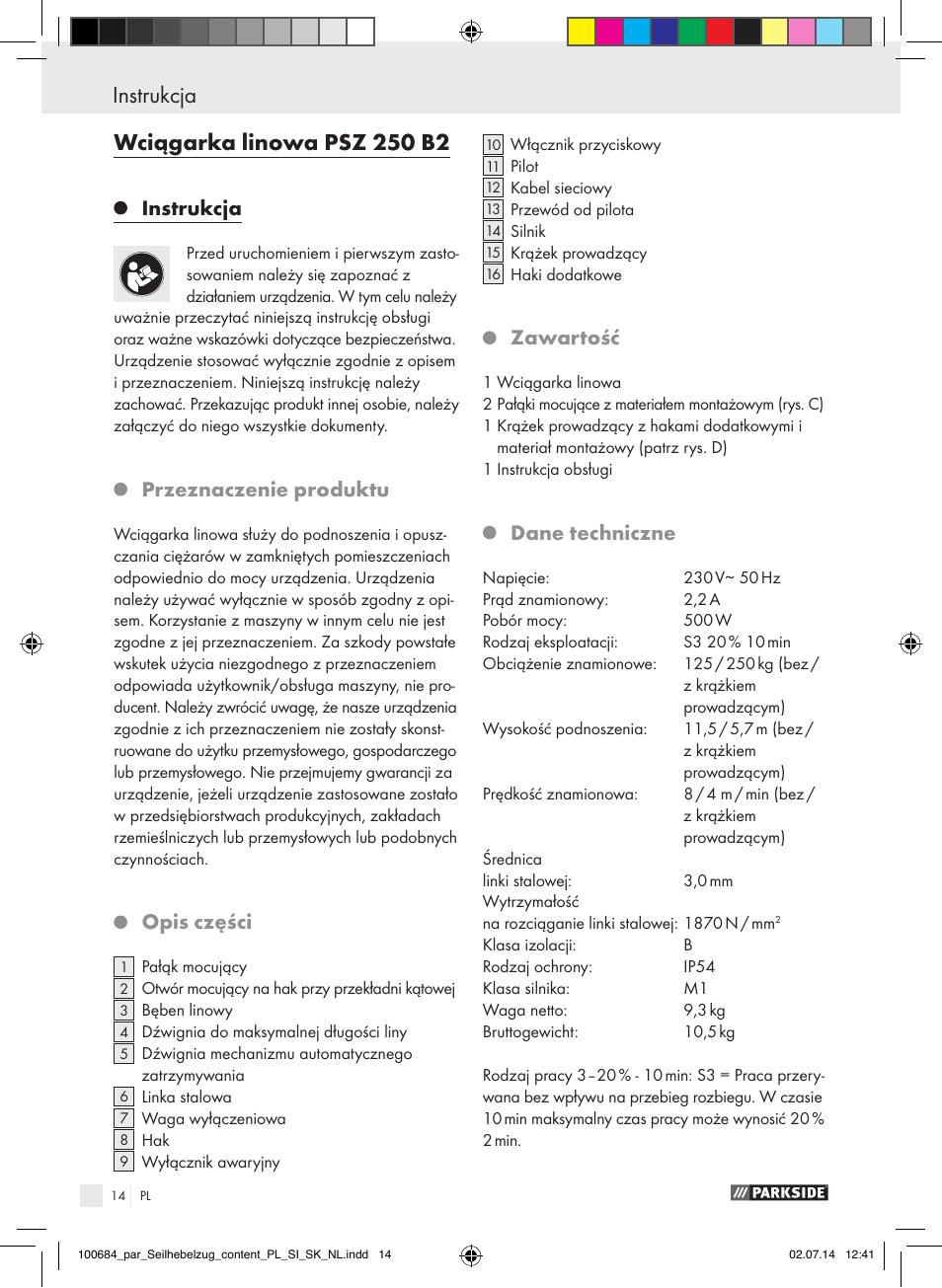 Instrukcja, Przeznaczenie produktu, Opis części | Zawartość, Dane techniczne | Parkside PSZ 250 B2 User Manual | Page 14 / 53