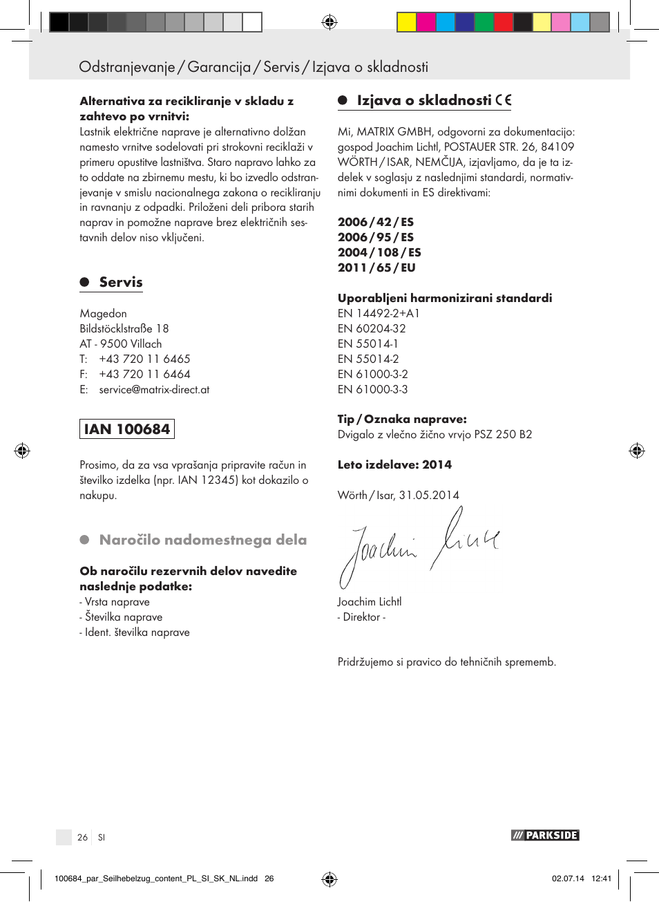 Garancijski list, Servis, Naročilo nadomestnega dela | Izjava o skladnosti | Parkside PSZ 250 B2 User Manual | Page 26 / 53