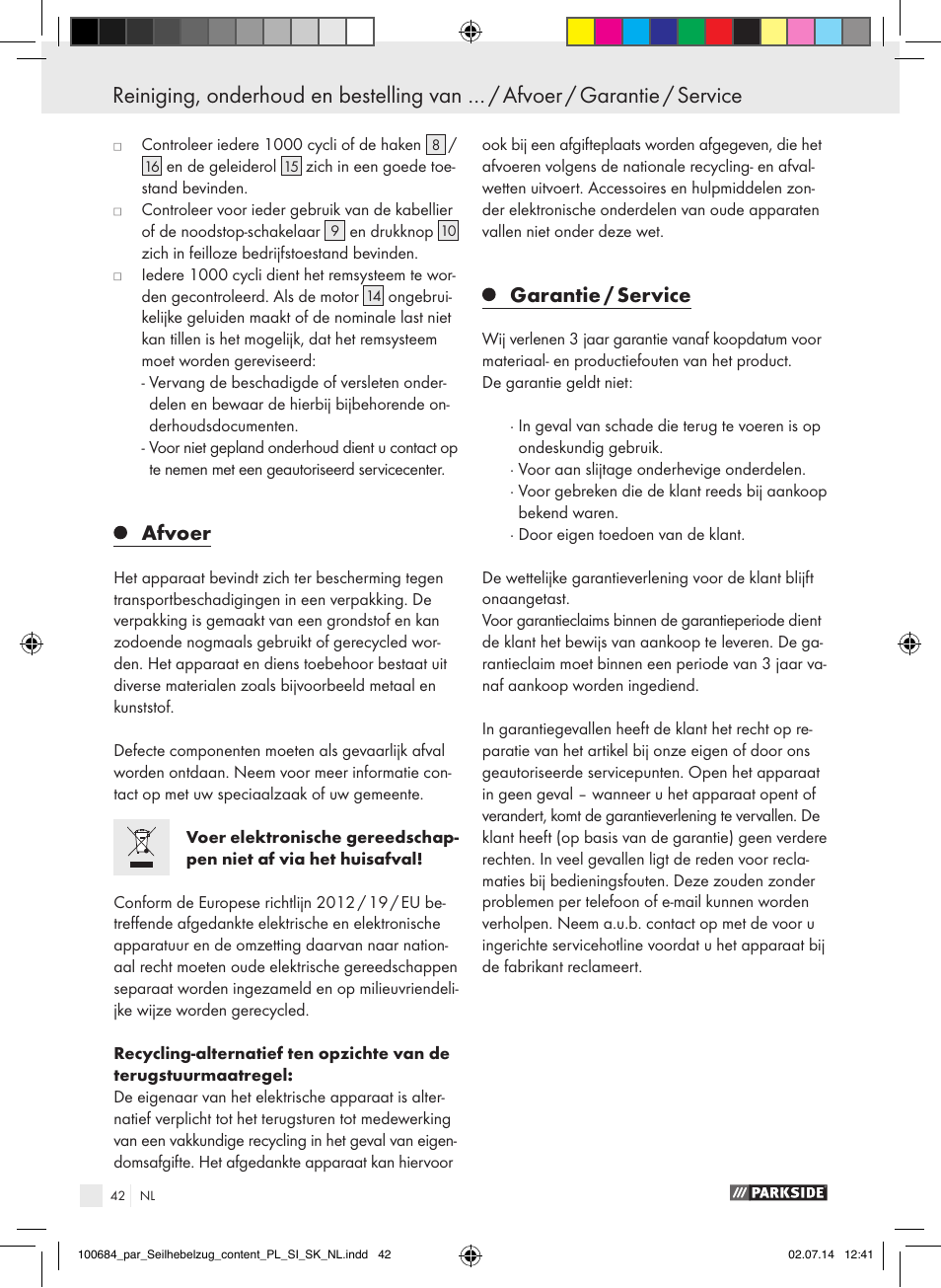 Garantie / service / conformiteitsverklaring, Afvoer, Garantie / service | Parkside PSZ 250 B2 User Manual | Page 42 / 53