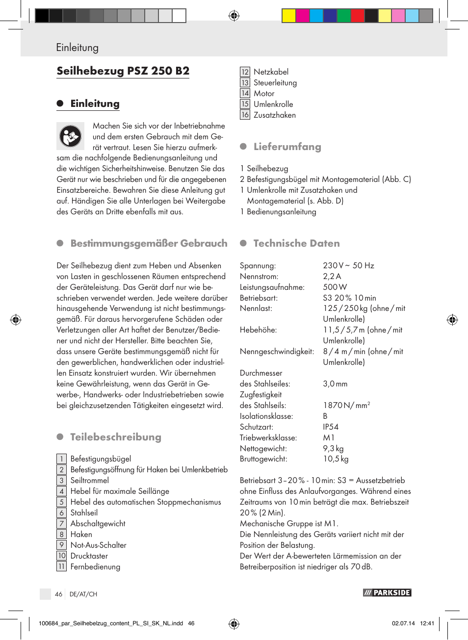 Einleitung, Bestimmungsgemäßer gebrauch, Teilebeschreibung | Lieferumfang, Technische daten | Parkside PSZ 250 B2 User Manual | Page 46 / 53