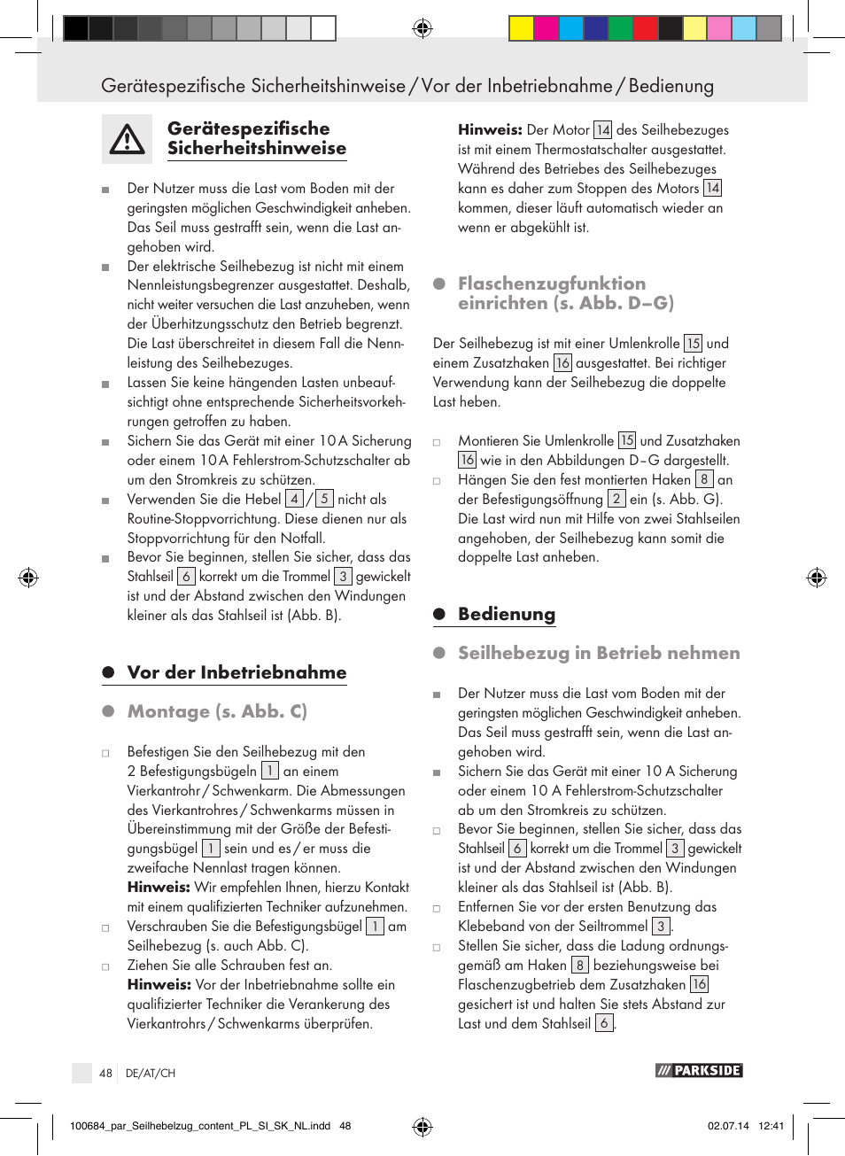 Gerätespezifische sicherheitshinweise, Vor der inbetriebnahme, Montage (s. abb. c) | Flaschenzugfunktion einrichten (s. abb. d–g), Bedienung, Seilhebezug in betrieb nehmen | Parkside PSZ 250 B2 User Manual | Page 48 / 53