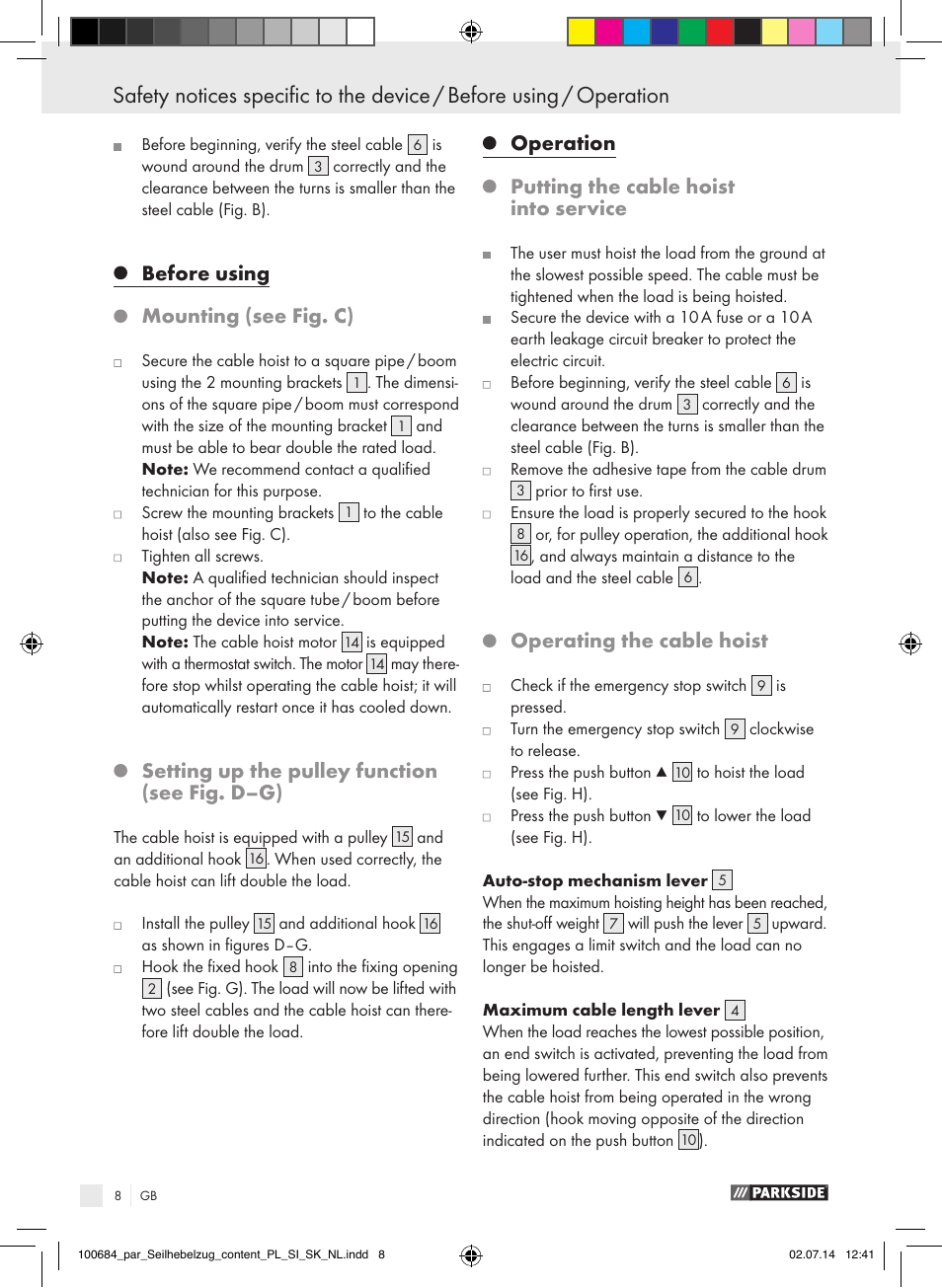 Before using, Mounting (see fig. c), Setting up the pulley function (see fig. d–g) | Operation, Putting the cable hoist into service, Operating the cable hoist | Parkside PSZ 250 B2 User Manual | Page 8 / 53