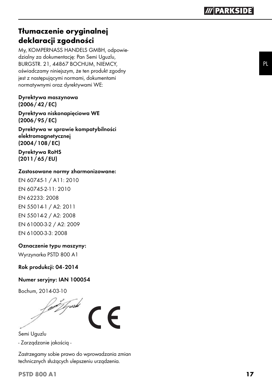 Tłumaczenie oryginalnej deklaracji zgodności | Parkside PSTD 800 A1 User Manual | Page 21 / 68