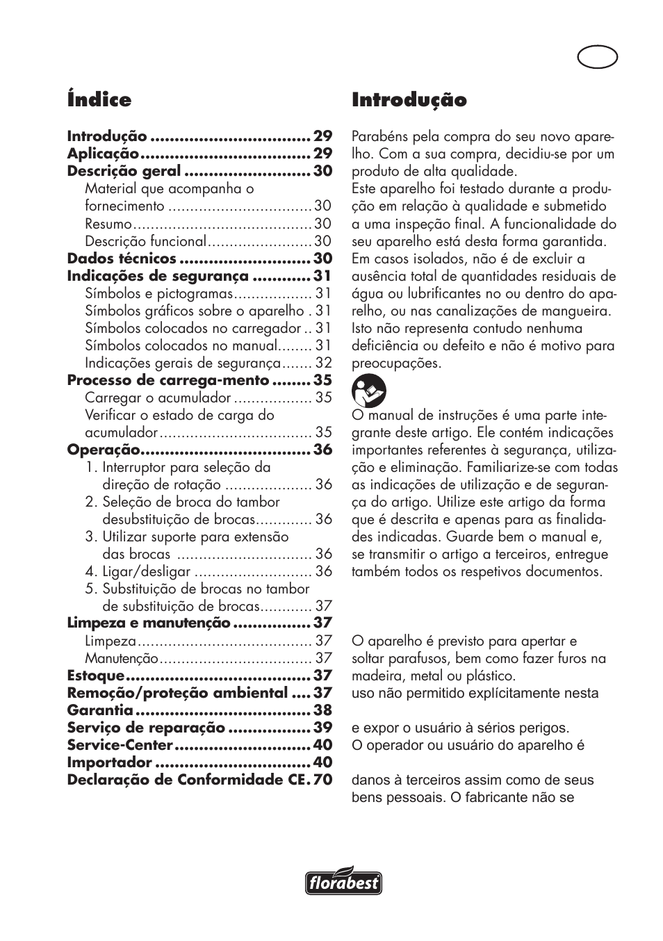 Índice, Introdução, Aplicação | Parkside PAWS 3.6 A1 User Manual | Page 29 / 76