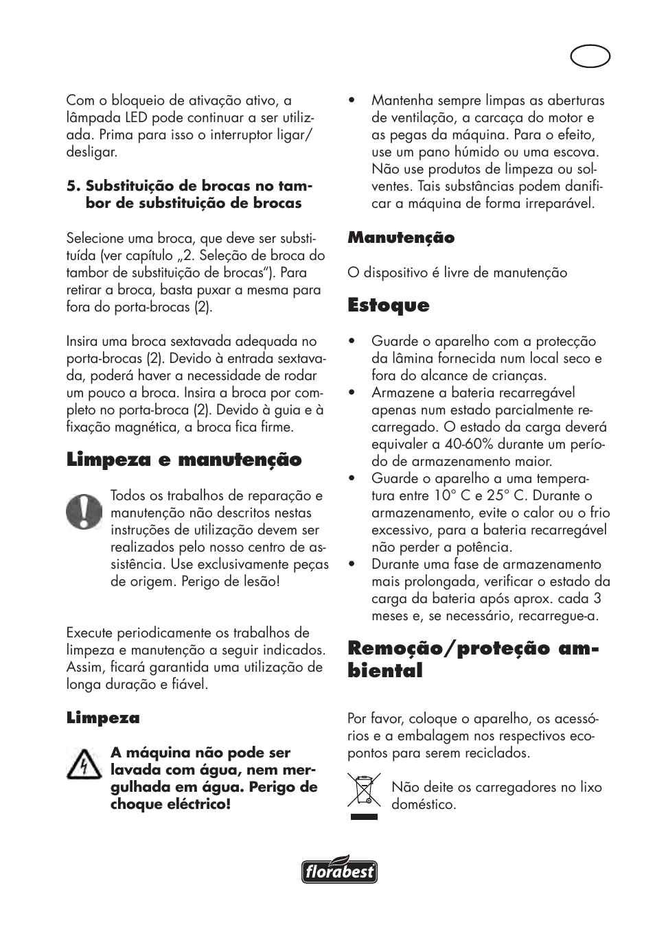 Limpeza e manutenção, Estoque, Remoção/proteção am- biental | Parkside PAWS 3.6 A1 User Manual | Page 37 / 76
