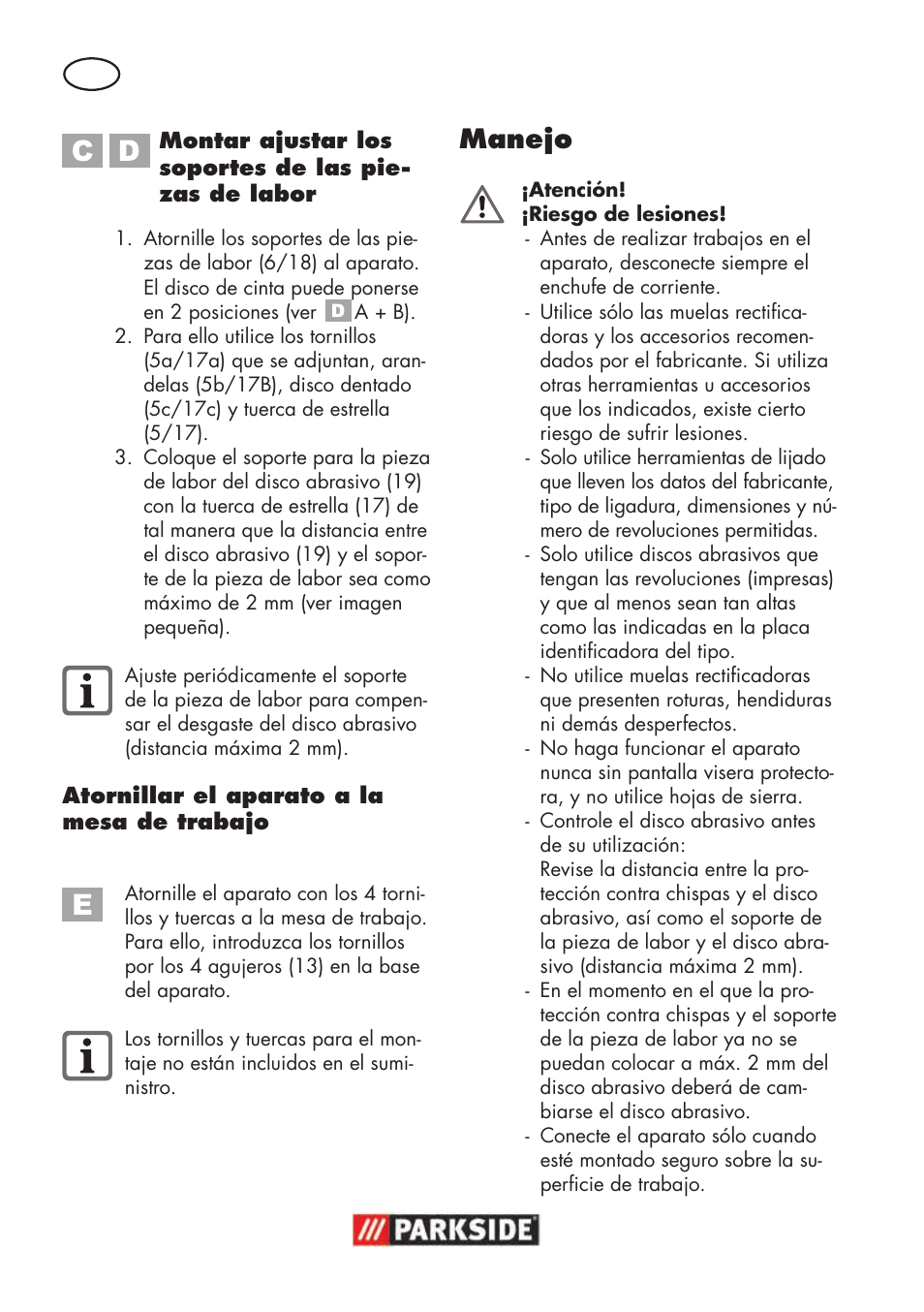 Manejo | Parkside PSBS 240 B2 User Manual | Page 12 / 88