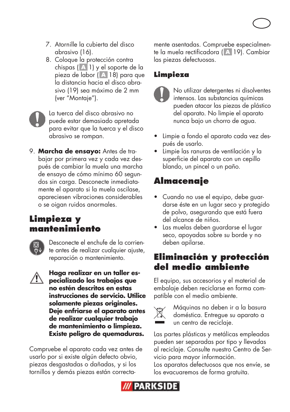 Limpieza y mantenimiento, Almacenaje, Eliminación y protección del medio ambiente | Parkside PSBS 240 B2 User Manual | Page 15 / 88