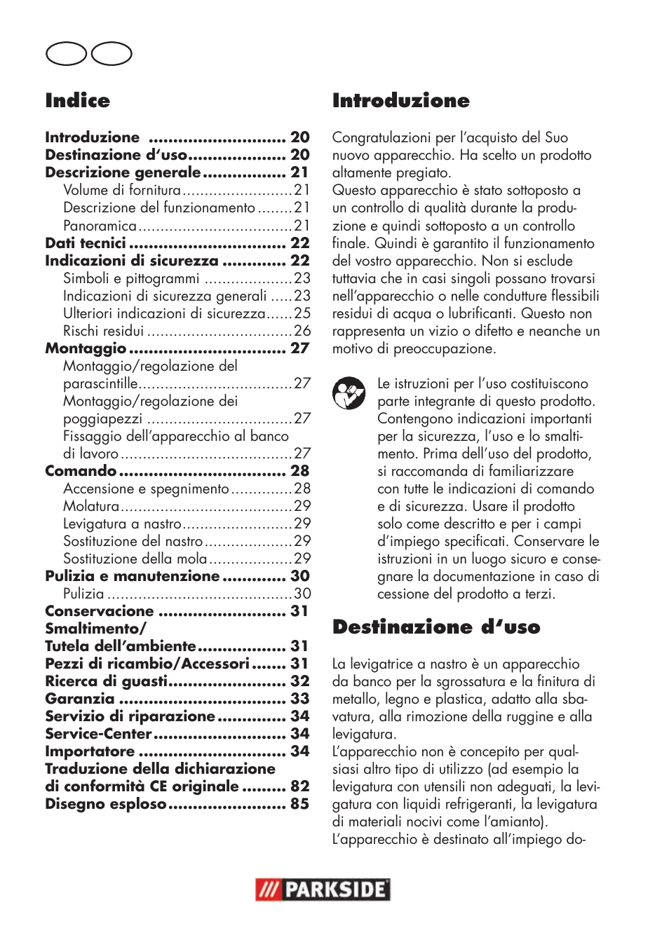 Introduzione, Destinazione d‘uso, Indice | It mt | Parkside PSBS 240 B2 User Manual | Page 20 / 88