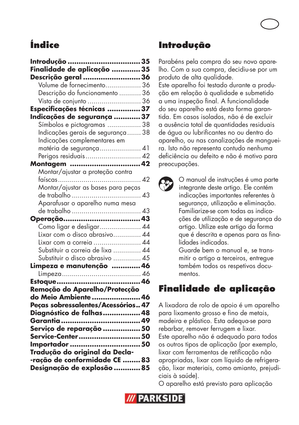 Introdução, Finalidade de aplicação, Índice | Parkside PSBS 240 B2 User Manual | Page 35 / 88