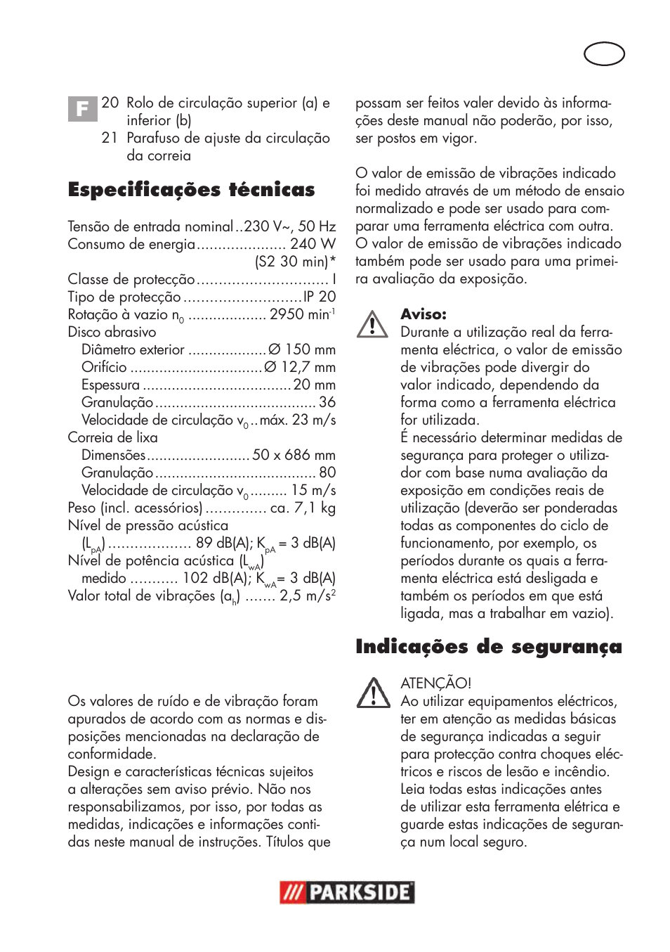 Especificações técnicas, Indicações de segurança | Parkside PSBS 240 B2 User Manual | Page 37 / 88