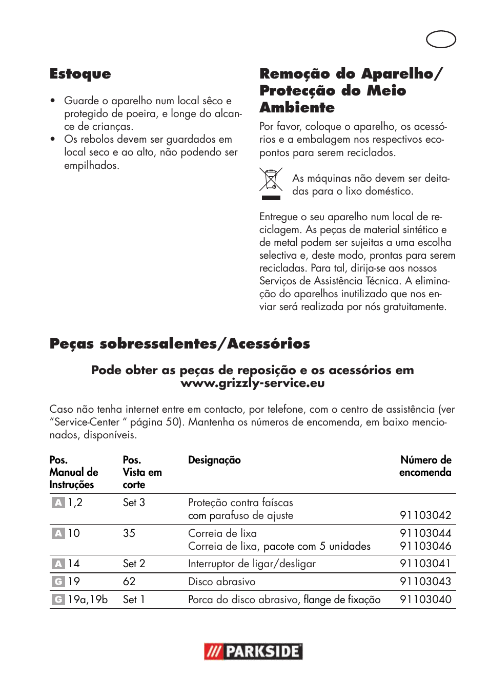 Estoque, Remoção do aparelho/ protecção do meio ambiente, Peças sobressalentes/acessórios | Parkside PSBS 240 B2 User Manual | Page 47 / 88