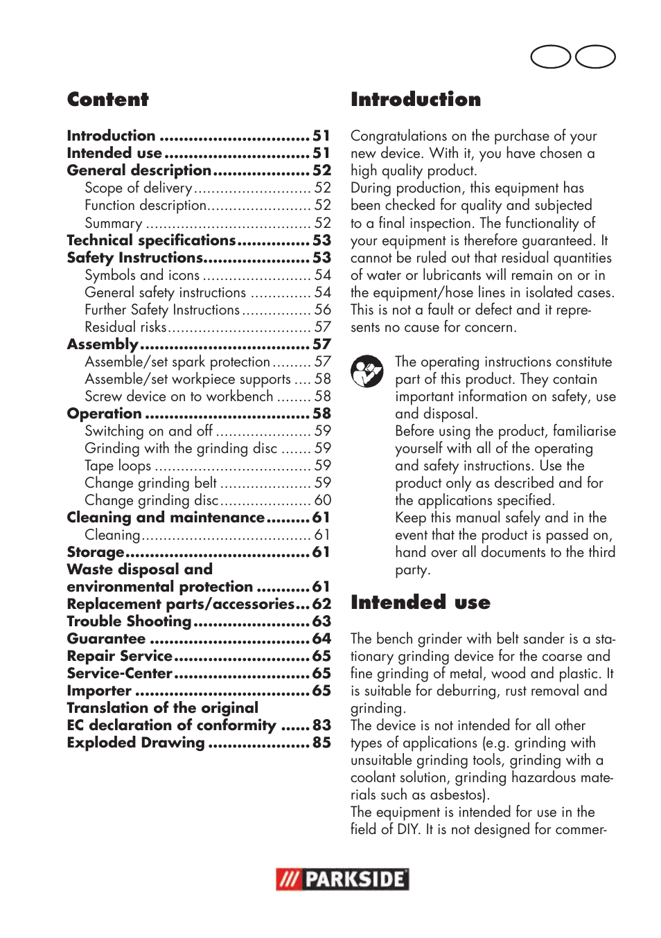 Introduction, Intended use, Content | Gb mt | Parkside PSBS 240 B2 User Manual | Page 51 / 88