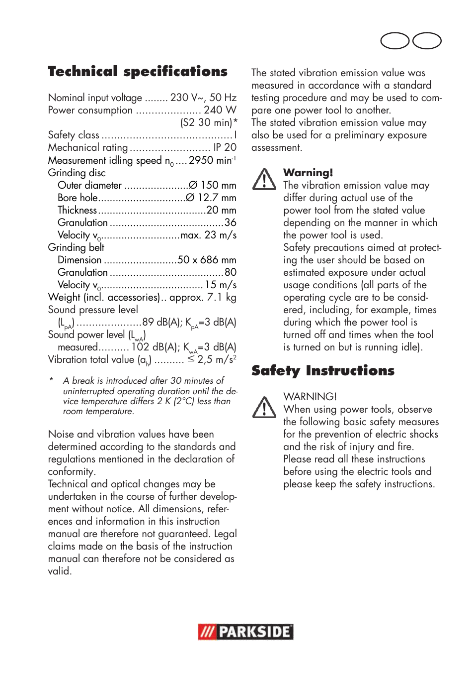 Technical specifications, Safety instructions, Gb mt | Parkside PSBS 240 B2 User Manual | Page 53 / 88