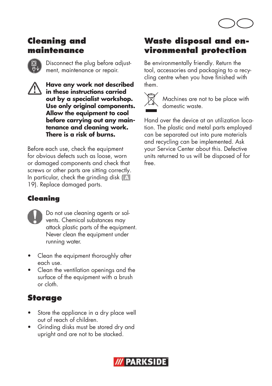 Cleaning and maintenance, Storage, Waste disposal and en- vironmental protection | Parkside PSBS 240 B2 User Manual | Page 61 / 88