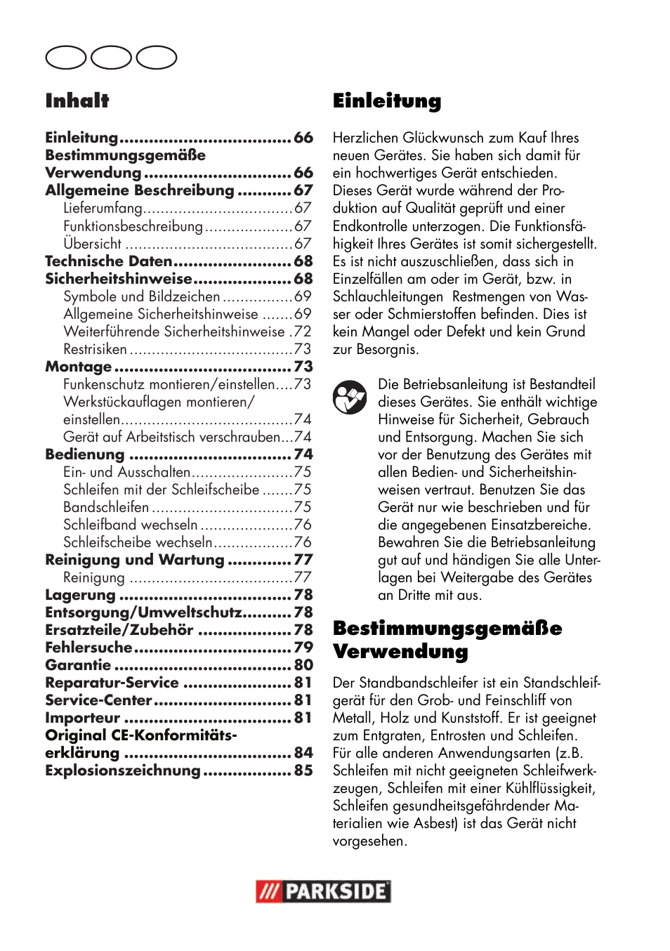 Inhalt, Einleitung, Bestimmungsgemäße verwendung | De at ch | Parkside PSBS 240 B2 User Manual | Page 66 / 88