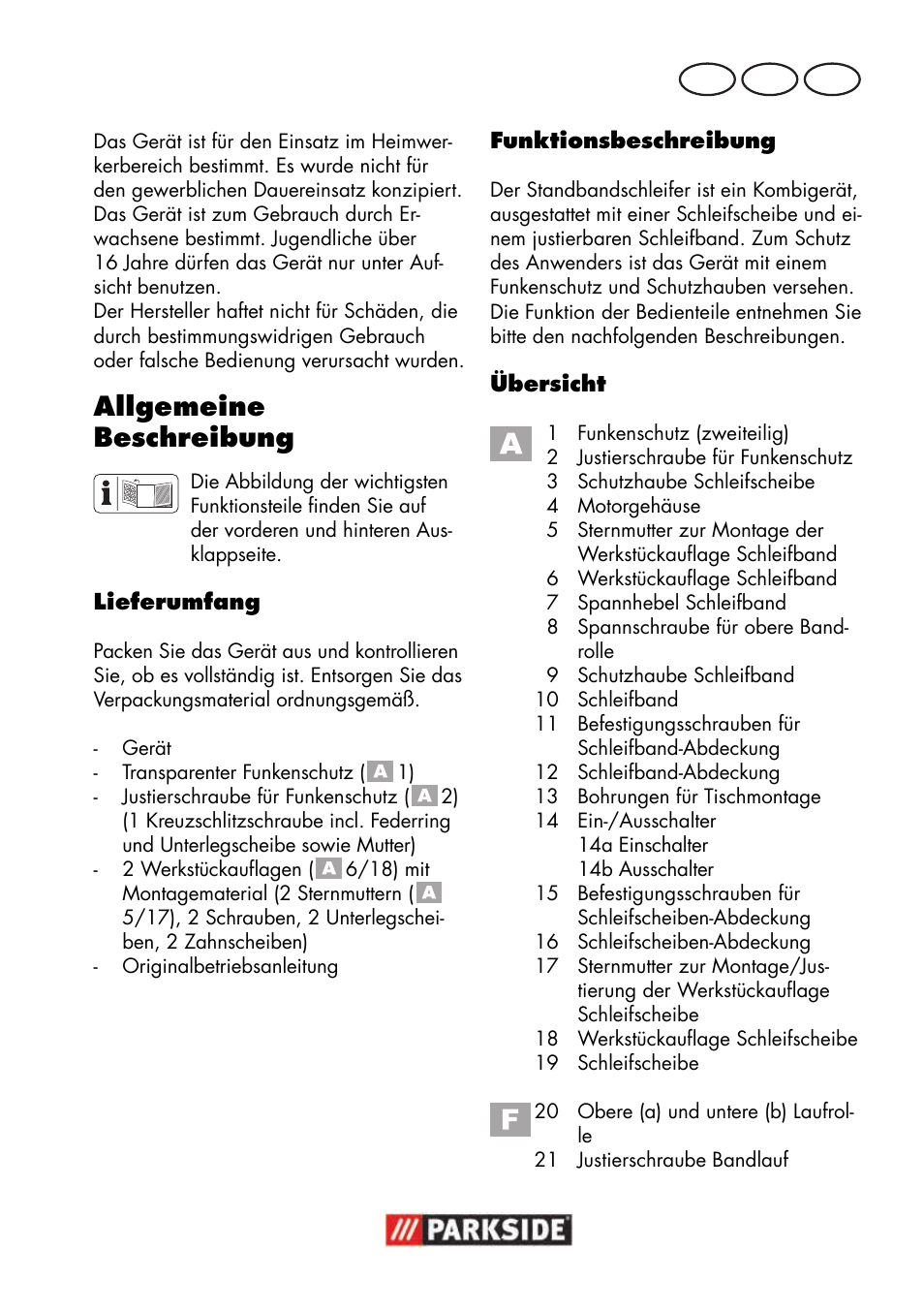 Allgemeine beschreibung, De at ch | Parkside PSBS 240 B2 User Manual | Page 67 / 88