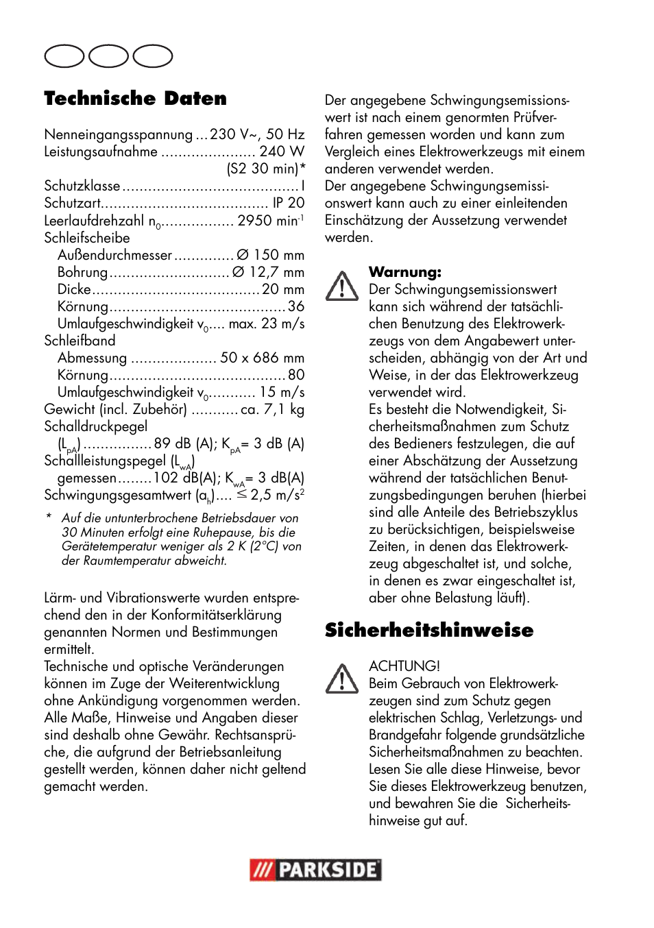 Technische daten, Sicherheitshinweise, De at ch | Parkside PSBS 240 B2 User Manual | Page 68 / 88