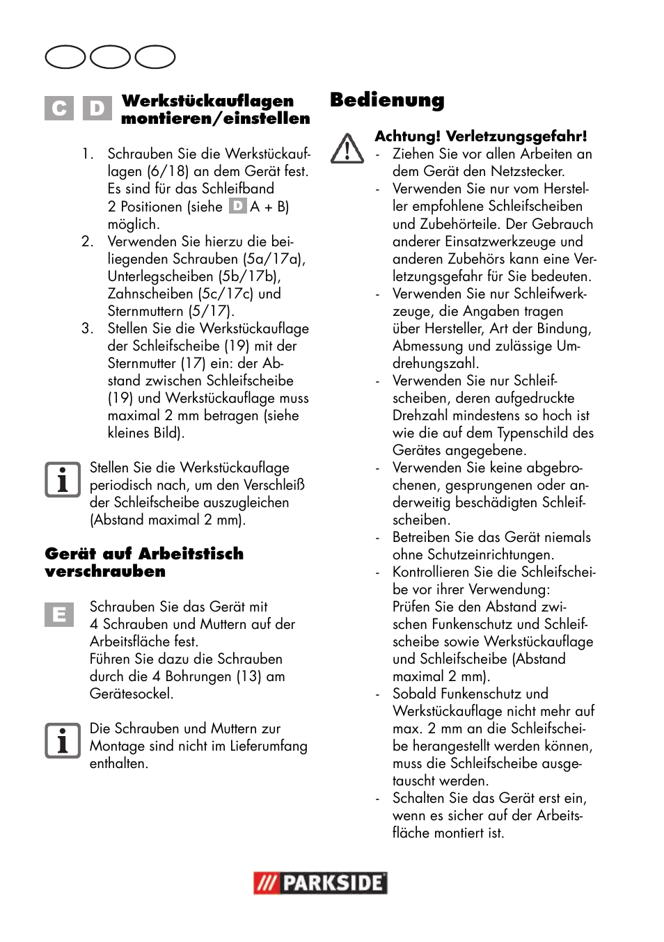 Bedienung, De at ch | Parkside PSBS 240 B2 User Manual | Page 74 / 88