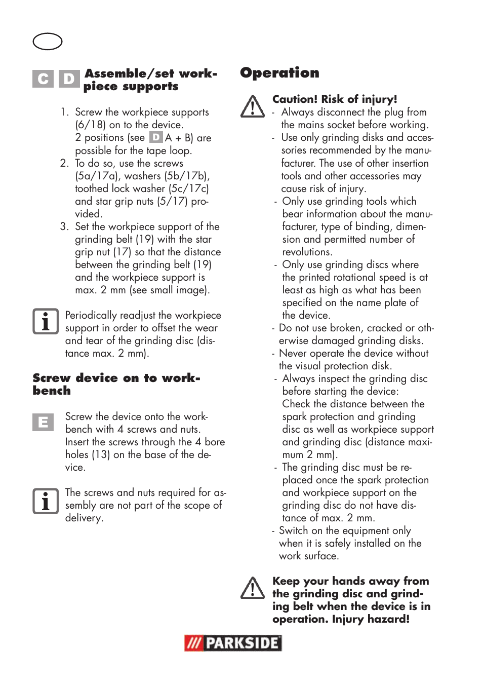 Operation | Parkside PSBS 240 B2 User Manual | Page 58 / 72