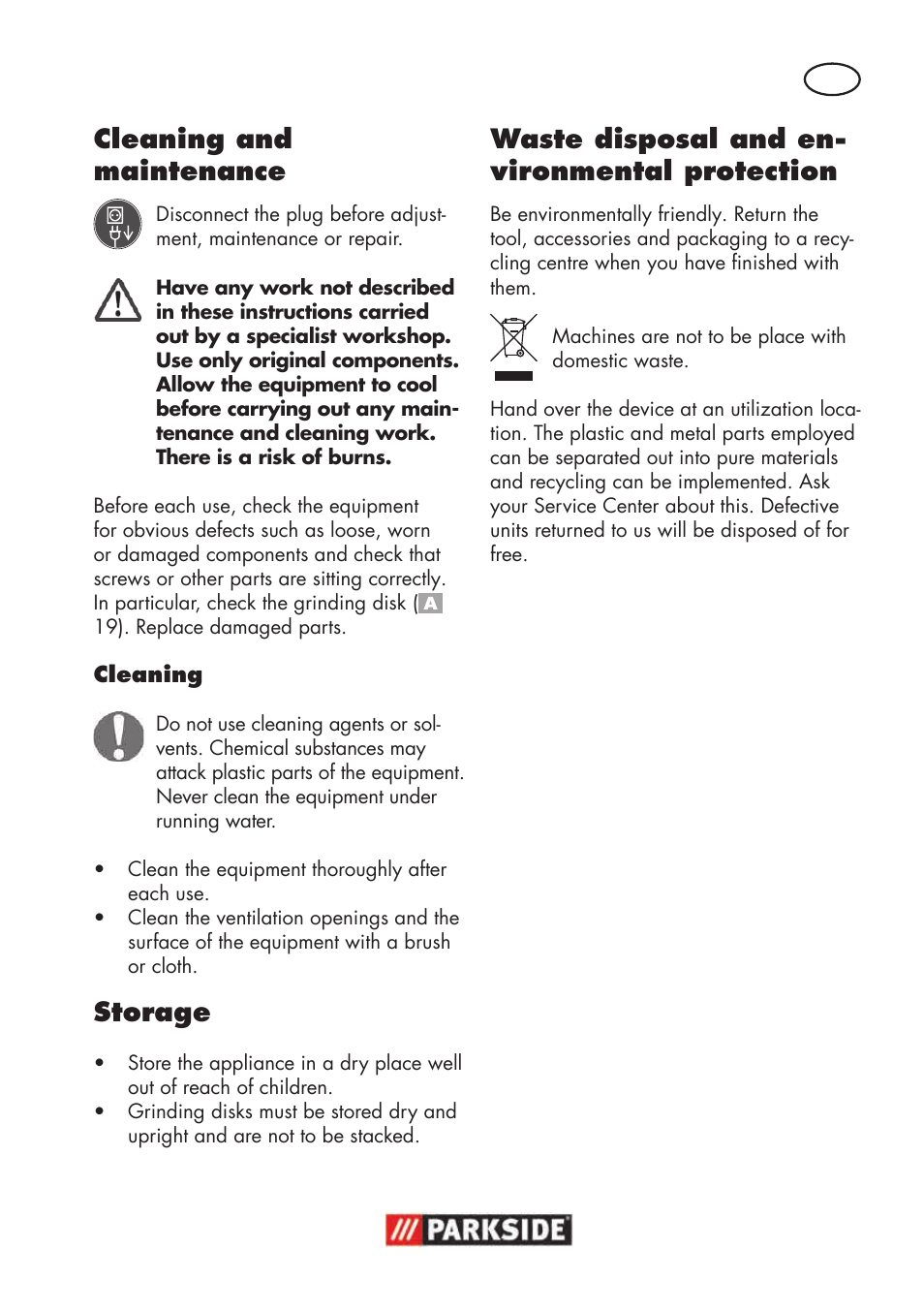 Cleaning and maintenance, Storage, Waste disposal and en- vironmental protection | Parkside PSBS 240 B2 User Manual | Page 61 / 72