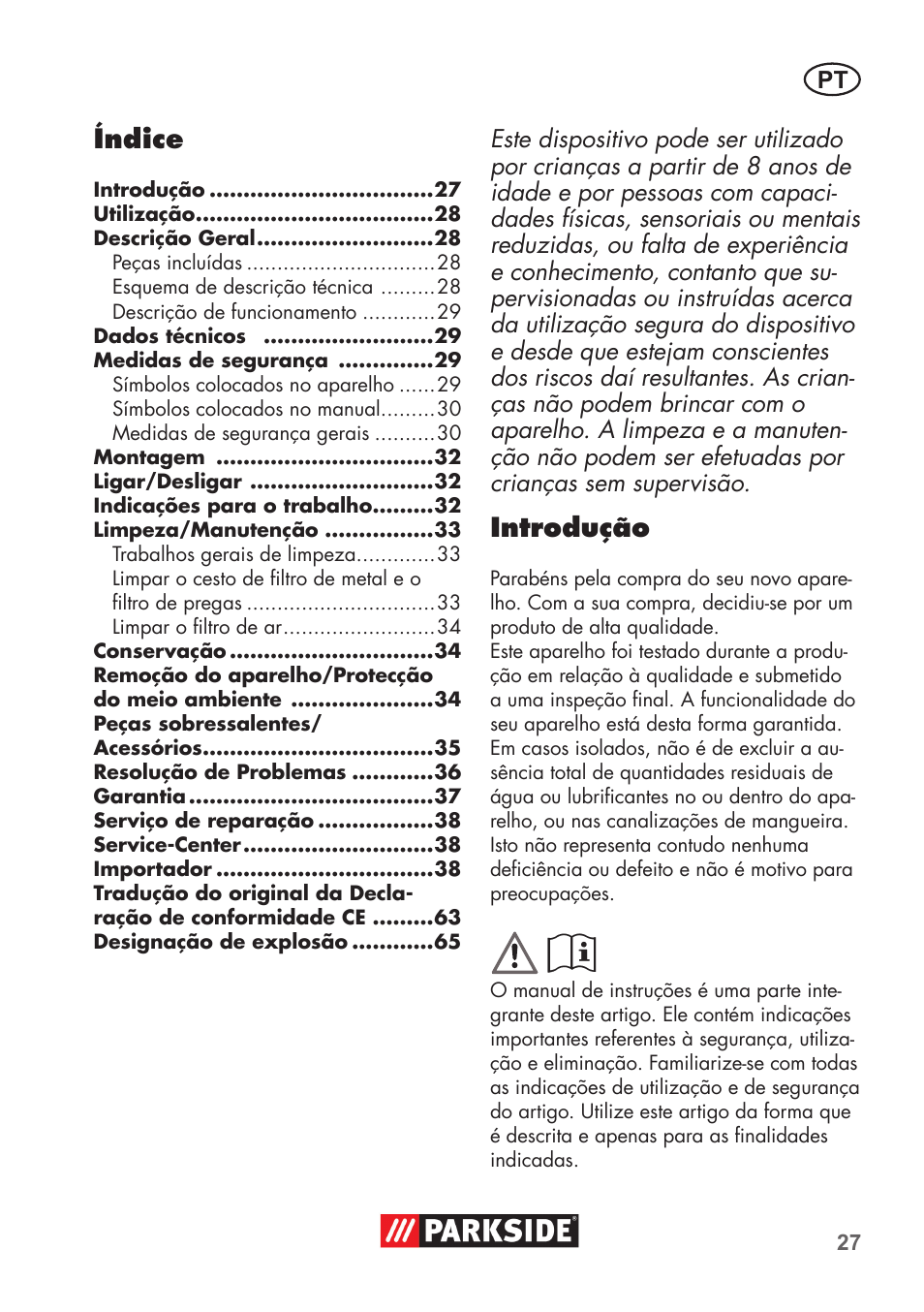 Índice, Introdução | Parkside PAS 500 D3 User Manual | Page 27 / 66