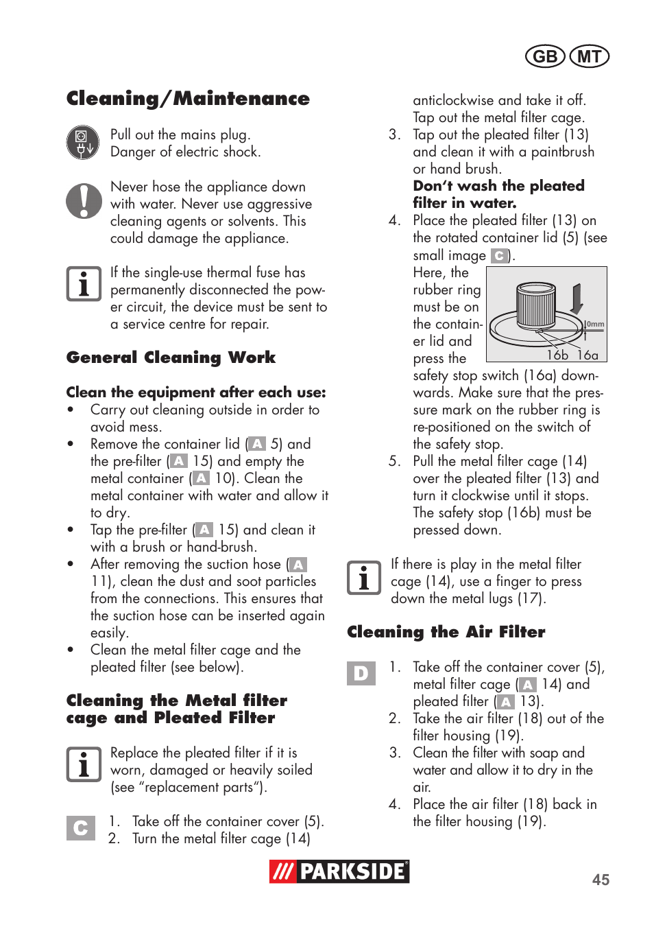 Cleaning/maintenance, Gb mt | Parkside PAS 500 D3 User Manual | Page 45 / 66