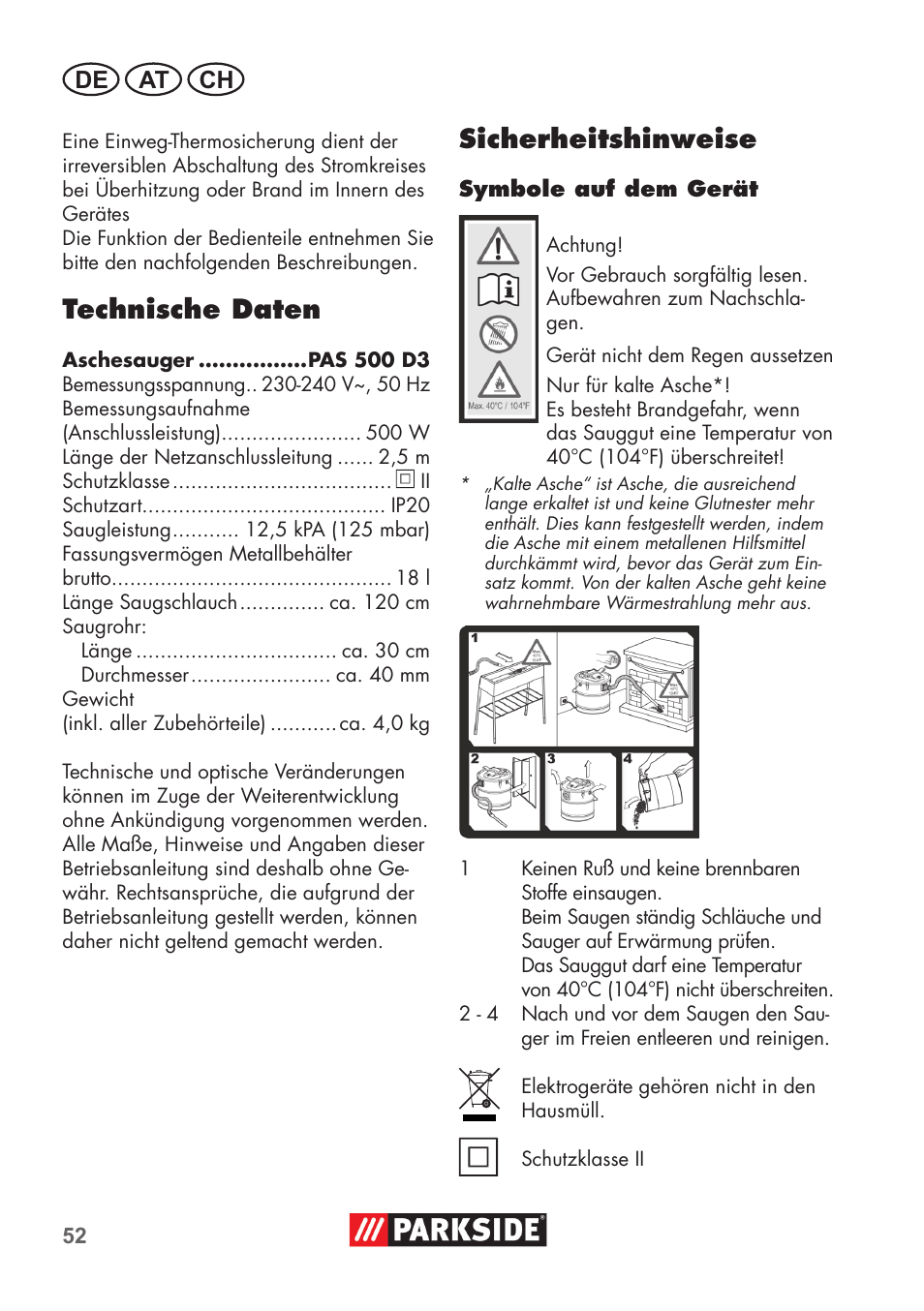 Technische daten, Sicherheitshinweise, De at ch | Parkside PAS 500 D3 User Manual | Page 52 / 66