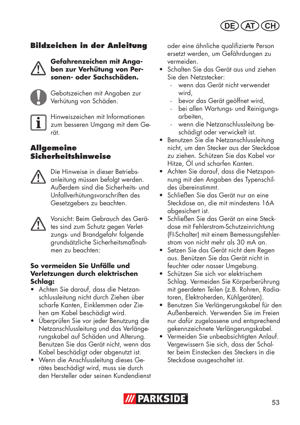 De at ch | Parkside PAS 500 D3 User Manual | Page 53 / 66